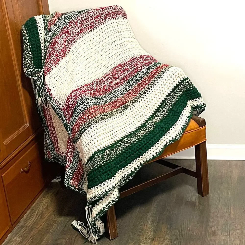 Vintage Crochet Handmade Red Green White Vertical Striped Granny Afghan Throw